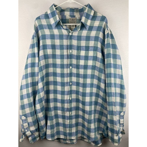 LL Bean Men Size Large Shirt Button Down Top Blue White Green Plaid 100% Linen - Picture 1 of 3